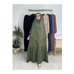 R&S modibone Ferace & Abaya SUFLE EŞARP ve İKİ KAT BÜZGÜLÜ ELBİSE TAKIM.HİJAB .hac Ve Umre Için Uygundur haki