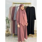 R&S Modibone Yandan Büzgülü Elbise Sufle Esarp Takım Jilbab,abaya,hijab ( Hac ve Umre Için Uygundur) Gül