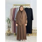R&S Modibone Yandan Büzgülü Elbise Sufle Esarp Takım Jilbab,abaya,hijab ( Hac ve Umre Için Uygundur) Kahve