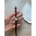 Rubsey Retro Minimal Deri Kordon Vintage Kadın Kol Saati Bordo Kordon - Altın
