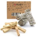 RUBY 3 Paket Beyaz Adaçayı Tütsü ve Yanmak için 6 Palo Santo, Sigara İçmek İçin Beyaz Adaçayı, Ev Temizliği Tütsü Seti, Kurutulmuş Adaçayı, Doğal Kaliforniya Beyaz Adaçayı, Tütsü Paketi