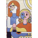 rugs modern Çok Renkli Sürrealist Temalı Etnik Sanatçı Kadın Portre Gitar Desenli Modern Dekoratif Halı 2274, 80 x 240