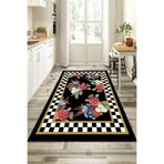 Rugviva Kaymaz Tabanlı Çiçekli Modern Mutfak Halısı Ar376, Siyah, 80 X 150