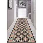 Rugviva Kaymaz Tabanlı Makinede Yıkanabilir Antik Kilim Desen Kesme Rulo Yolluk Ar557, Siyah, 100 X 410