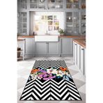 Rugviva Siyah Kaymaz Tabanlı Mutfak Halısı Zigzag Flowers Ar339, Siyah, 80 X 150