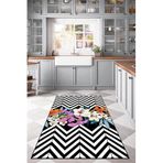 Rugviva Siyah Kaymaz Tabanlı Mutfak Halısı Zigzag Flowers Ar339, Siyah, 80 X 180