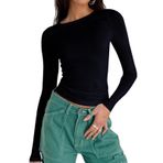 RUIBETYHUA Kadın Seksi Fit Temel Uzun Kollu Tişört Günlük Y2K Slim Fit Crop Tops Bisiklet Yaka V Yaka Bahar Sonbahar Gömlek, Siyah, M