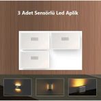 Rultech 3 Adet Şarjlı Kablosuz Sensörlü LED Aplik Harekete Duyarlı Dekoratif Duvar Lambası LED Mıknatıslı - 3200K - Gün Işığı