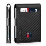 RUNBOX Erkekler için İnce Cüzdan - Deri Para Klipsi Erkek Cüzdan - RFID Engelleme Ön Cep Bifold Cüzdan - Hediye Kutusu ile İnce Kredi Kartı Tutucu, Mat Karbon Siyahı, medium, Klasik