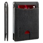 RUNBOX Hakiki deri ince cüzdan erkekler için RFID engelleme Bifold Minimalist ön cep erkek cüzdan para klip ince hediye kutusu, Kumaş Dokulu Siyah-11 yuvaları, Retro