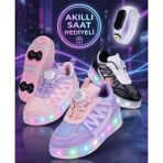 Rungo Çocuk Patenli Kaykaylı Işıklı Erkek Çocuk Spor Sneakers Ayakkabı + Akıllı Saat Hediye - Siyah