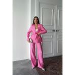Runiquehome Pembe Beli Kuşaklı Ceket ve Pantolon Parlak Takım - S