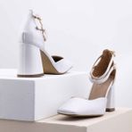 Ruxene Gleam Kapalı Kare Burun 8cm Kalın Topuk Çift Bantlı Stiletto - Topuklu Ayakkabı - Beyaz
