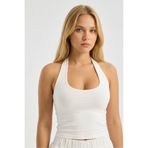 RuyaMood Kadın Beyaz %100 Pamuk Boyun Geçmeli Halter Yaka Çift Kat Crop Top Body