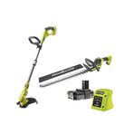 RYOBI 18 V ONE+ akülü motorlu tırpan ve akülü çalı budama makası Kombo Kit RY18LT18HTA-120 (ayarlanabilir kesim genişliği 25 – 30 cm, 55 cm bıçaklı çalı makası, 24 mm kesme kalınlığı, 1 x 2,0 Ah ve