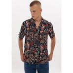 S-Ponder Erkek Göz Desenli %100 Viskon Kısa Kollu Gömlek - Çok Renkli - 2XL