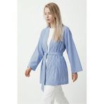 Saade Mavi Kadın Dikey Çizgili Geniş Kollu Şık Yazlık Relaxed Kimono