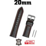 Saatse 20MM Siyah Kırmızı Dikişli Floter Hakiki Deri Saat Kordonu Kayış - 20 mm