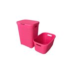 Saban 2'li Set Hasır Desenli Plastik Pembe Çamaşır Sepeti & Pembe Çamaşır Selesi