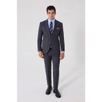 Sabri Özel Erkek Gri Dar Kesim Slim Fit %100 Yün Mono Yaka Çizgili Çift Yırtmaçlı 6 Drop Takım Elbise - 48 - 248-Gri