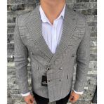 Sabri Zengin Erkek Slim Fit Ekose Desenli Kruvaze Ceket - Gri - 46