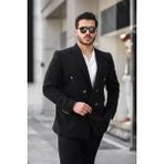 Sabri Zengin Erkek Slim Fit Penye Kumaş Kruvaze Ceket - Siyah - 54