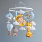 Safari ve Ay Temalı Bebek Dönencesi – El Yapımı Keçe Beşik Süsü | Zürafa, Hipopotam, Balon ve Yıldız Detaylı | Yeni Doğan Erkek Bebek Hediye