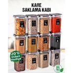Safestore 12 Adet 24 Parça 1,2 Litre Kare Erzak Bakliyat Saklama Kabı Seti Baharatlık 20 Adet Etiket Hediyeli - Gri