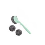 SAFESTORE Uzun Saplı Bulaşık Ovma Teli, 3 Adet, 20 cm Sap, Paslanmaz Çelik Tel, Yeşil
