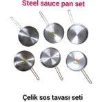 Safir Çay Kazanları Safirim Çelik Sos Tavası Seti 20 cm Ebatlı Büyük Boy 430 Kalite Çelik Sos Tavası 6 Adet Çelik Sosluk - Inox