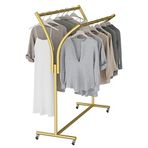 Sağlam metal ayaklı askılık, tekerlekli modern elbise askısı, butikler için, çift çubuklu elbise askısı, perakende ekran, altın kaplama, zeminde duran, 150 x 155 x 50 cm