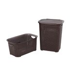 Sağlam Plastik Rattan Hasır Görünümlü Kirli Çamaşır Sepeti- Çamaşır sepeti 2'li Set - Kahverengi