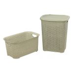 Sağlam Plastik Rattan Hasır Görünümlü Kirli Çamaşır Sepeti- Çamaşır sepeti 2'li Set - Krem