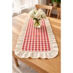 ŞAH TEXTILE DESIGN keten fırfır detaylı pötikare kırmızı runner 40x110