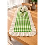 ŞAH TEXTILE DESIGN keten fırfır detaylı yeşil pötikare runner 40x110