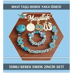 Sahi Aksesuar İsimli Bebek Emzik Seti ve Mavi Taşlı Bebek Yaka İğnesi Mavi