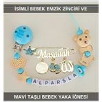 Sahi Aksesuar Isimli Bebek Emzik Zinciri ve Beyaz Taşlı Bebek Yaka Iğnesi BEZYI008 - Mavi