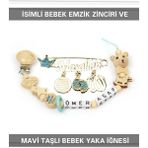 Sahi Aksesuar Isimli Bebek Emzik Zinciri ve Beyaz Taşlı Bebek Yaka Iğnesi BEZYI009 - Mavi