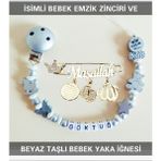 Sahi Aksesuar Isimli Bebek Emzik Zinciri ve Beyaz Taşlı Bebek Yaka Iğnesi BEZYI013 - Gri