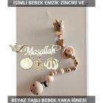 Sahi Aksesuar Isimli Bebek Emzik Zinciri ve Beyaz Taşlı Bebek Yaka Iğnesi - Renkli
