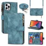 SailorTech Deri Kılıf Crossbody Kılıf iPhone 12 Pro Max için Kapaklı Kılıf Folyo Kapak Kart Yuvalı Manyetik Tokalı Fermuarlı Cüzdan Kılıf Ayarlanabilir Kolye Askılı Kordon Kılıfları Mavi
