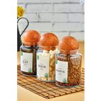 ŞAKİLATA CONCEPT 3'lü Ahşap Top Kapaklı Etiketli 800 ml Çay & Şeker & Kahve Kavanozu Saklama Kabı ŞEFFAF
