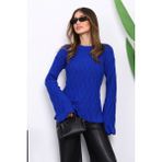 Saks Mavi Bel ve Kol Ucu Fırfırlı Triko Kazak - L - XL