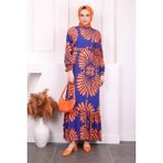 Saks Mavi Desenli Eteği Katlı Viscon Elbise - 38 - 40
