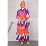 Saks Mor Desenli Eteği Katlı Viscon Elbise - Saks - Mor - 40 - 42