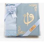 Şal + Seccade + Tesbih + Kuran Hediye Seti (Çanta Boy, Kadife, Açık Mavi) - 12 x 17 cm