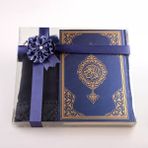 Şal + Tesbih + Kuran Hediye Seti (Çanta Boy, Standart Cilt, Lacivert) - 12x17 cm