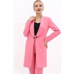Şal Yaka Cepli Uzun Ceket-Pembe - 44