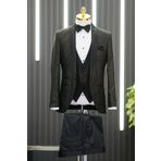 Şal Yaka Yelekli Papyonlu Şal Desenli Pantolon Kombinli Slimfit Smokin Takım Elbise YEŞİL 50-6 Drop