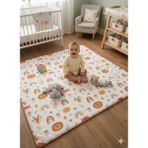 Sallhome Baby Textile Aslan Figürlü Oyun Halısı Yumuşak Pamuklu, Unisex - Turuncu - Beyaz - 100 x 100 cm